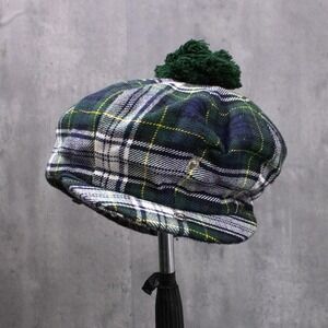 Vintage 1980's Shadow Scottish Tam o' Shanter Plaid Tartan Cap Green Pom Pom Hat
